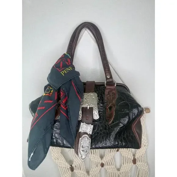 VTG Handbag Brown Western Satchel Crocodile Embos Cowhide Silver Buckle Boho - Picture 6 of 6